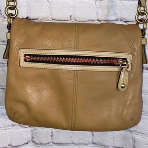 Coach Tan Leather Crossbody with Cream Trim and Red Zip Detail